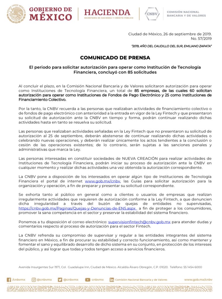 cnbvmx's tweet photo. 🔵 Al concluir el plazo, en #CNBV solicitaron autorización para operar como Instituciones de Tecnología Financiera, un total de 8️⃣5️⃣ empresas, de las cuales 60 como Instituciones de Fondos de Pago Electrónico y 25 como Instituciones de Financiamiento Colectivo. #SectorFintech https://t.co/XhdrmNyzu2