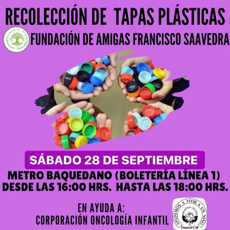 FUND_FCOSAAVEDR's tweet photo. ¡SEGUIMOS RECOLECTANDO TAPAS PLÁSTICAS! 
Si tienes tapas plásticas y quieres ayudar te esperamos el sábado 28 de septiembre en el Metro Baquedano (Boletería Línea 1) desde las 16:00hrs hasta las 18:00hrs. •FUNDACIÓN DE AMIGAS FRANCISCO SAAVEDRA• https://t.co/bmGzuPJA5n