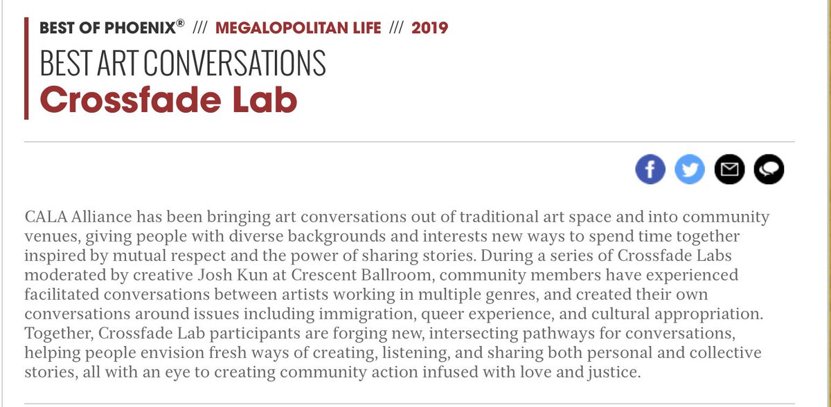 This is so great- CALA Alliance Crossfade Lab named “Best Art Conversation” by PHX New Times @CrescentPHX next one is 10/7 w <a href="/lasantacecilia/">La Santa Cecilia</a> &amp; @DoloresDorantes