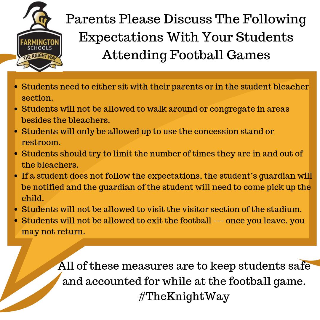 We hope to see our WF students at the game!  Please remember while you are cheering our Knights on to a victory, we have some expectations to make the event enjoyable for all of the spectators.  Go Knights!  #TheKnightWay