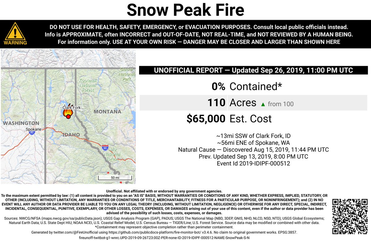 NRockFireBot's tweet photo. #SnowPeakFire 🔥 unofficial, automated update.
~13mi SSW of Clark Fork, ID. ⚠️ DO NOT USE FOR SAFETY PURPOSES - See officials instead. May be incorrect; disclaimers in images. https://t.co/EEnakFpwta