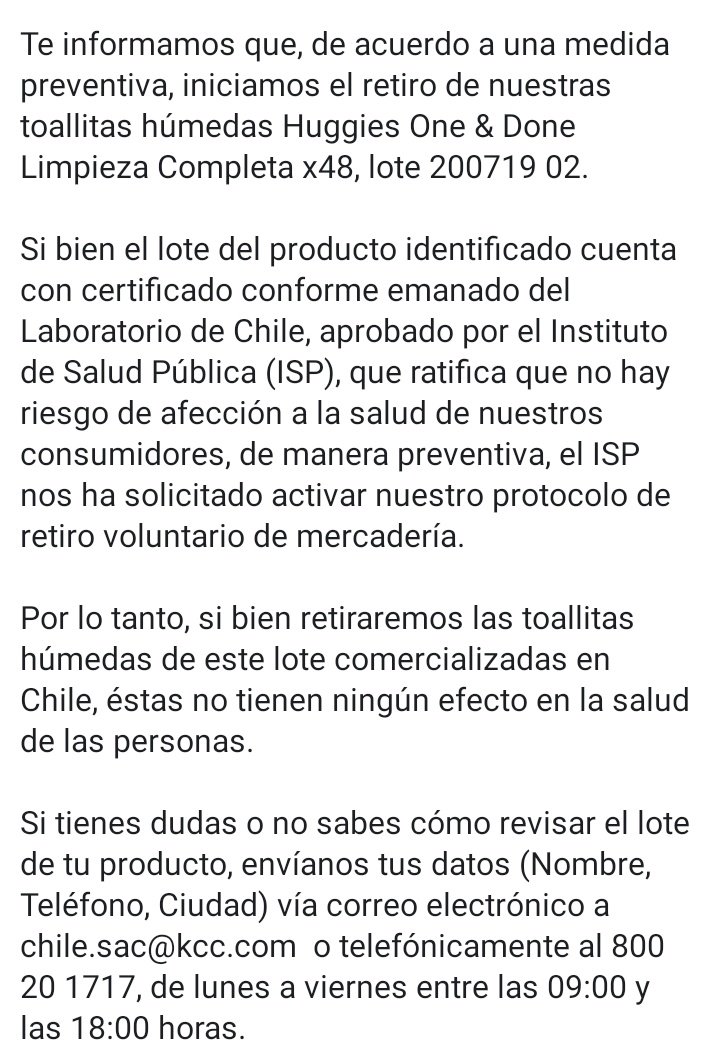 Más información sobre la medida preventiva que tomamos aquí. Recuerda que si tienes dudas, puedes ponerte en contacto con nosotros mandando tus datos (Nombre, teléfono, ciudad) a chile.sac@kcc.com o  llamándonos al 800 20 1717 de lunes a viernes entre 9 y 18hrs.