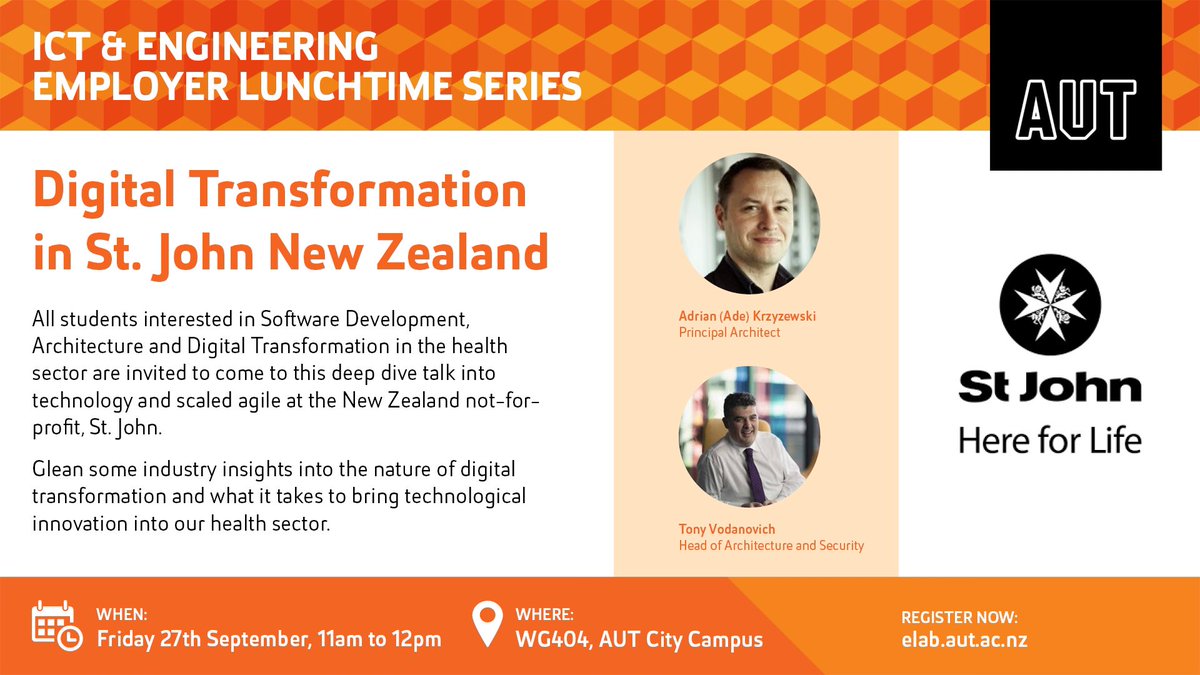 AUTms's tweet image. Amazing talk today @AUTuni from Head of Architecture &amp;amp; Security, Tony Vodanovich and Ade Krzyzewski, Head if Enterprise Architecture from @StJohnNZ on #DigitalTransformation and what it takes to generate &amp;amp; lead technology change.