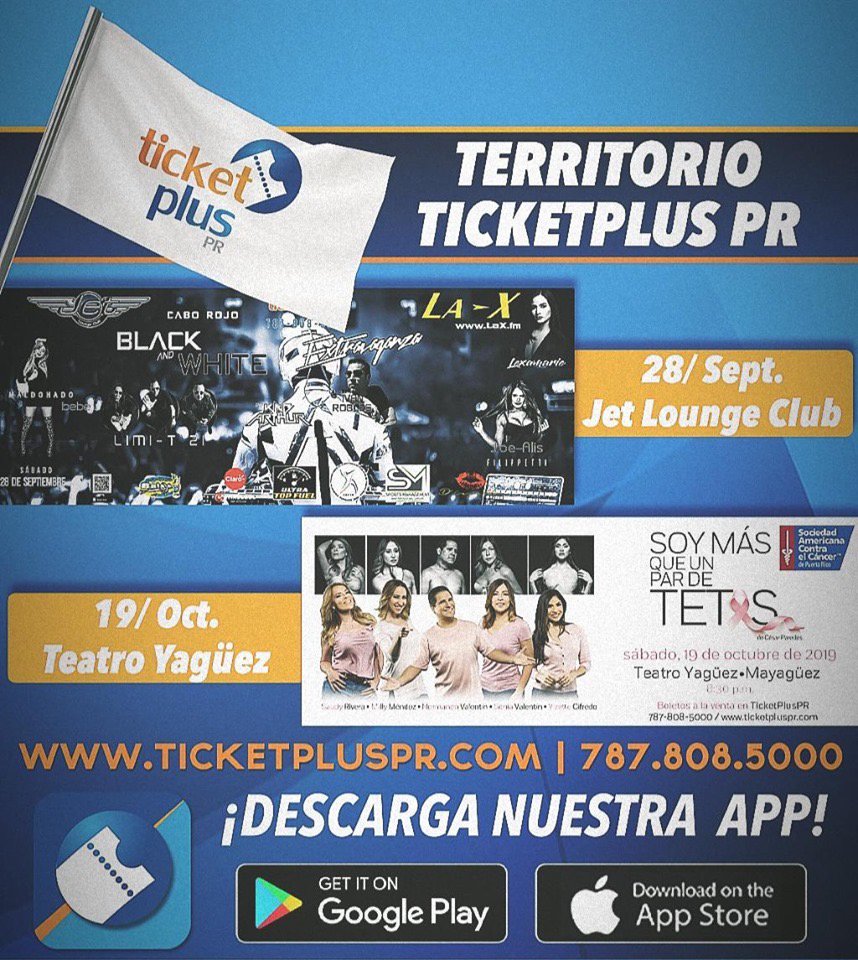 ticketpluspr's tweet image. ¡Ya arrancamos con nuestra primera actividad del Oeste este sábado!👀🎟

➡️ “Soy más que un par de tet🙌s”, en el teatro yaguez (bit.ly/SoyMasQueUnPar…)

➡️ ¡El “Black and White⚪️⚫️ Extravaganza traido por La X ! (bit.ly/BlackAndWhiteE…)

¡Compra tu 🎟 ya! #TicketPlusPR