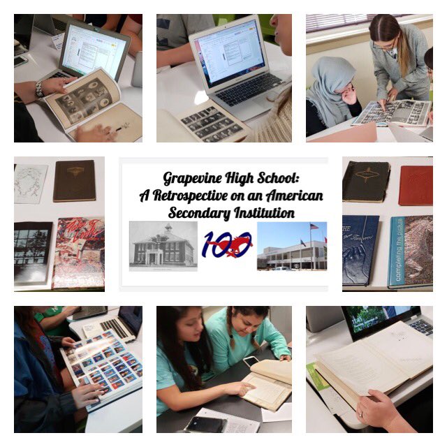 leslieahancock's tweet photo. EDEE 3320 students explored the evolution of the modern comprehensive high school by doing a deep dive collaborative case study using 100 years of Grapevine High School yearbooks. Big shout out to Erin Carroll and Amazon Prime for helping me collect the books! #untedu #untcoe https://t.co/RaOoHVig5I