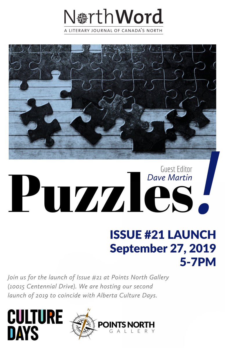 Our NorthWord friends are celebrating the launch of a new issue. Come on out! Friday, Sept. 27. 5-7 pm, Points North Gallery. <a href="/NorthWordYMM/">NorthWord</a> #AlbertaCultureDays