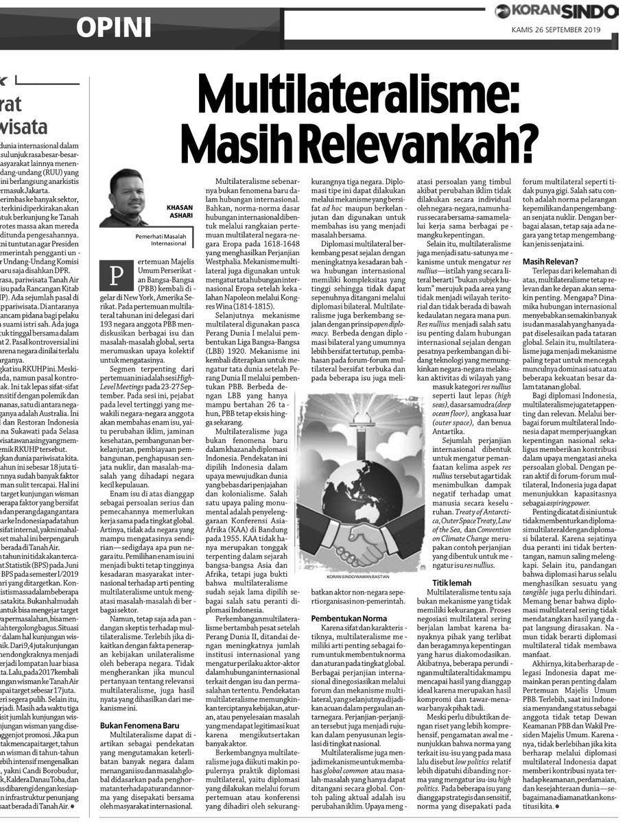 Apakah multilateralisme masih relevan untuk menjawab berbagai persoalan global semakin kompleks? Apakah multilateralisme masih relevan sebagai piranti untuk mencapai tujuan diplomasi Indonesia?

Tulisan singkat saya di Koran Sindo (26/9).