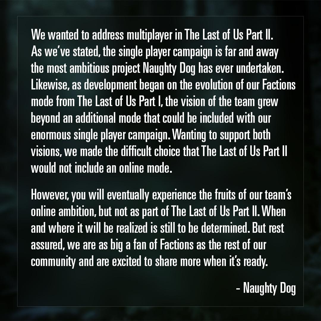 Naughty Dog issues statement on no Last of Us Part 2 multiplayer