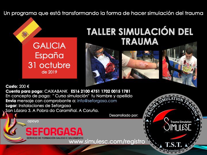 Instructores de trauma, mejora las habilidades con simulación, maquillaje y preparación de escenarios. Octubre, en Galicia. @Asgate1 @ASGAPREM @tesgalicia @EspanaNaemt @CruzRojaFP @cruzvermella @SEMESGalicia @DesaGalicia @Seforgasa @seganosa