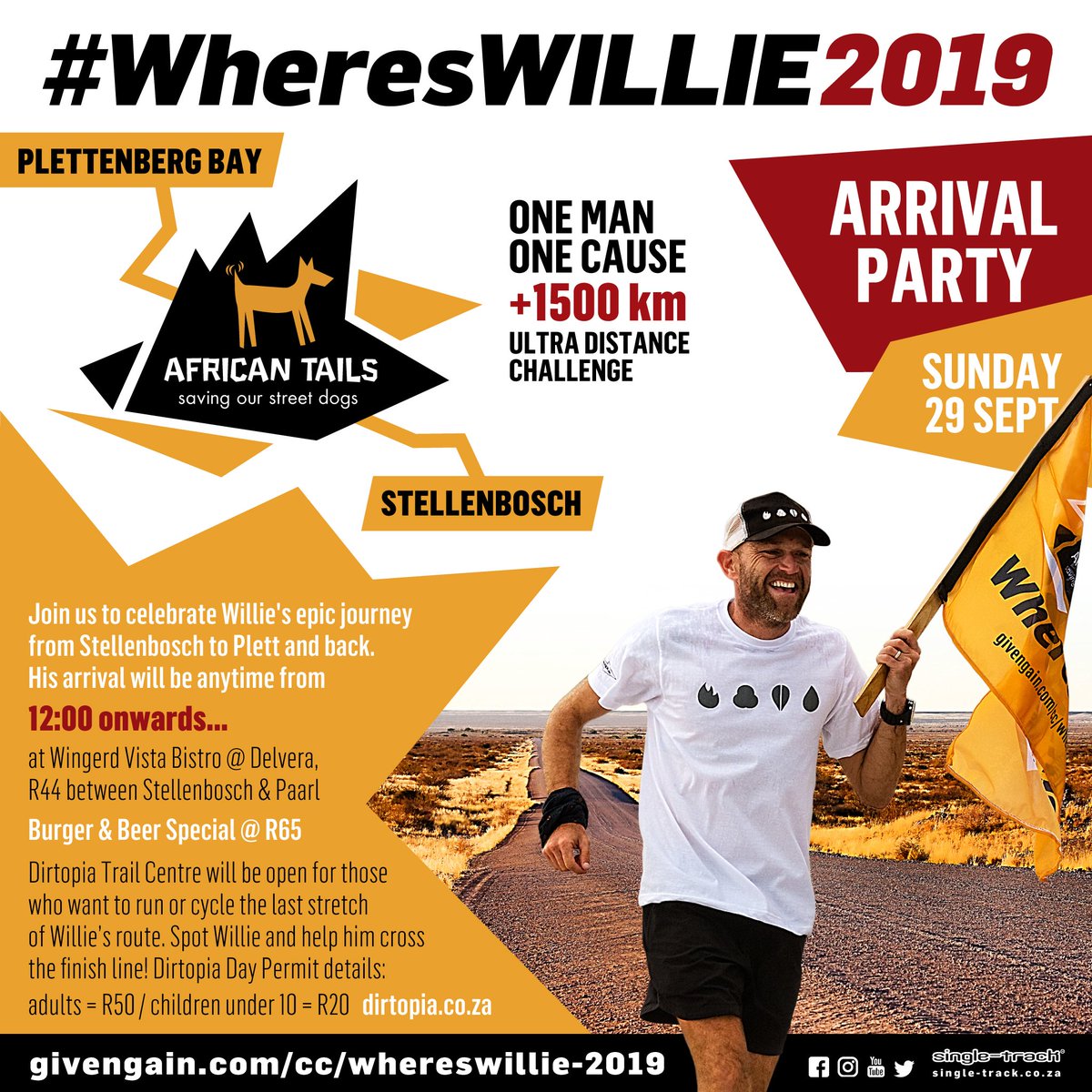 .#WheresWillie2019 is coming to an end.
Join us to celebrate🥳 Willie's epic 1,500km+ journey from Stellenbosch to Plett and back.
Arrival: 12:00 onwards.
Sunday, 29 September
<a href="/dirtopia/">dirtopia</a> Trail Centre. <a href="/Delvera/">DelVera</a> Farm, Stellenbosch. 
Spot Willie and help him cross the finish line!!