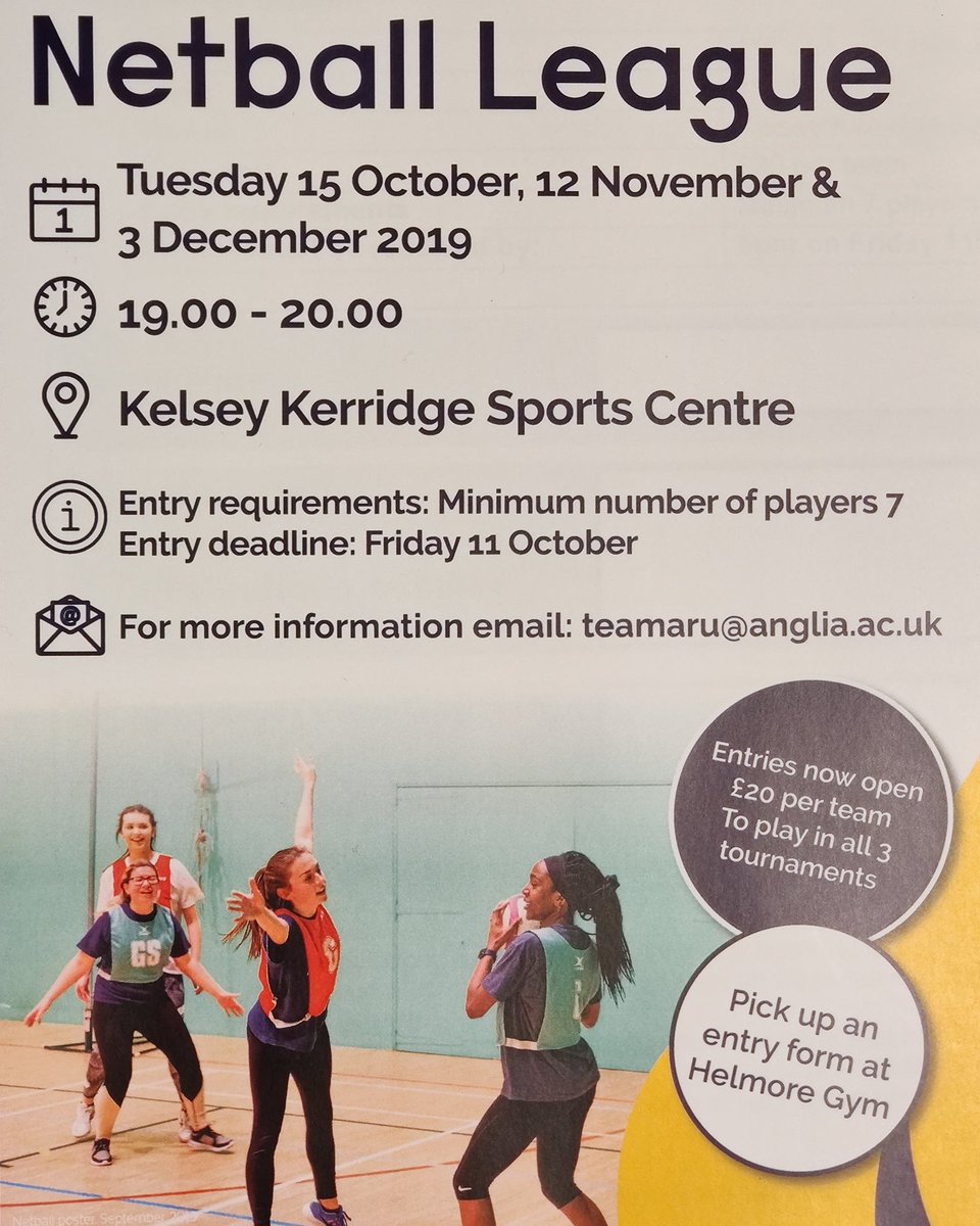 arunetball's tweet photo. Calling all Cambridge netballers! We are running a league / tournament over three days this semester and we'd love for you to take part! Enter a team at helmore gym or contact us if you're an individual and we'll help you find a team! Good luck! @Team_ARU https://t.co/BnMz1dCjE7