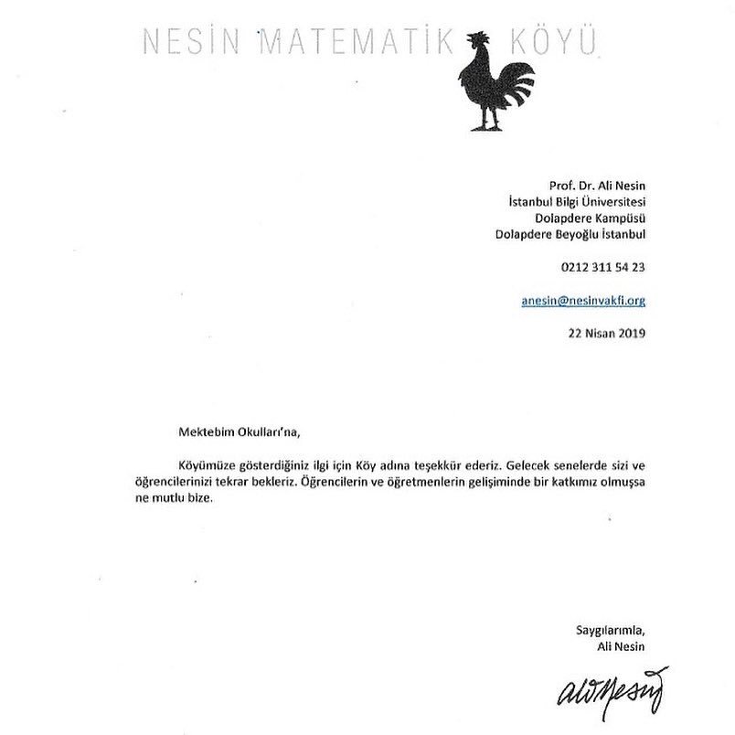 Matematik Köyü’nden Teşekkür Var! 
Matematik Köyü Eğitim ziyaretlerine  öğrenci ve öğretmenlerimiz ile en yüksek sayıda katılım gösteren okul olarak Matematik Köyü Başkanı Prof.Dr. Ali Nesin’den teşekkür belgesi aldık. Emeği geçen herkese teşekkür ederiz.

#Mektebim
#GelecekBenim