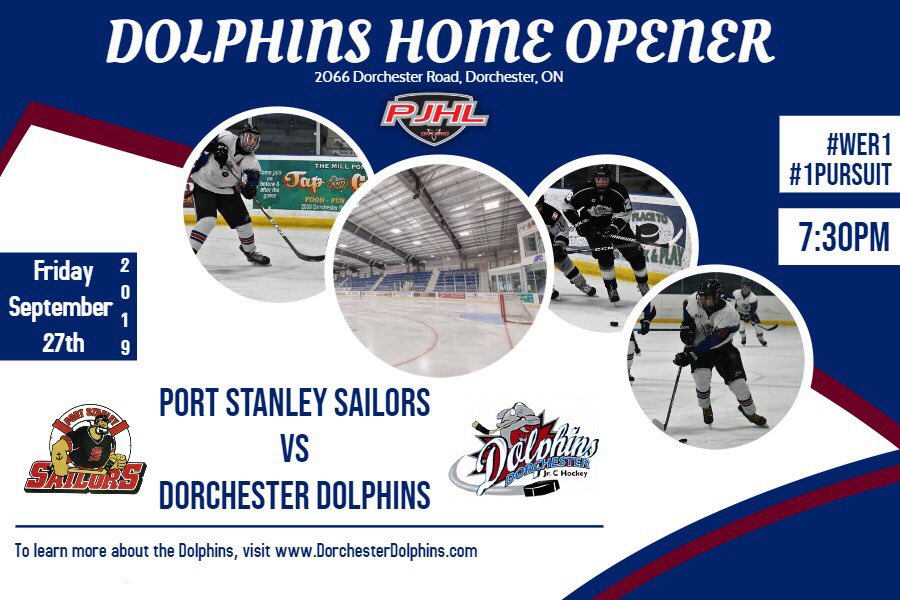 paulcosta__7's tweet photo. The countdown is on! @dolphinsjrhky HOME OPENER this Friday night at Dorchester Community Centre. 7:30pm puck drop vs Port Stanley @PSSailorsHockey #LetTheSeasonBegin #1Pursuit #GoDolphinsGo #PJHL #WER1 https://t.co/EjgtzGJ1js