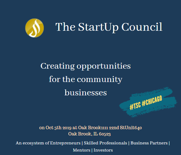 TStartUpCouncil's tweet photo. The StartUp Council is inviting Technology Entrepreneurs, Professionals, and Investors to a "Startup Afternoon" in Chicago, on October 5th, from 2:00 - 5:00 PM CDT.

Event Registration Link:
https://t.co/T8lirpuJku
#TSC #Enterepreneurs #Investors #Mentors #Chicago #startups https://t.co/47CH0cPpoT