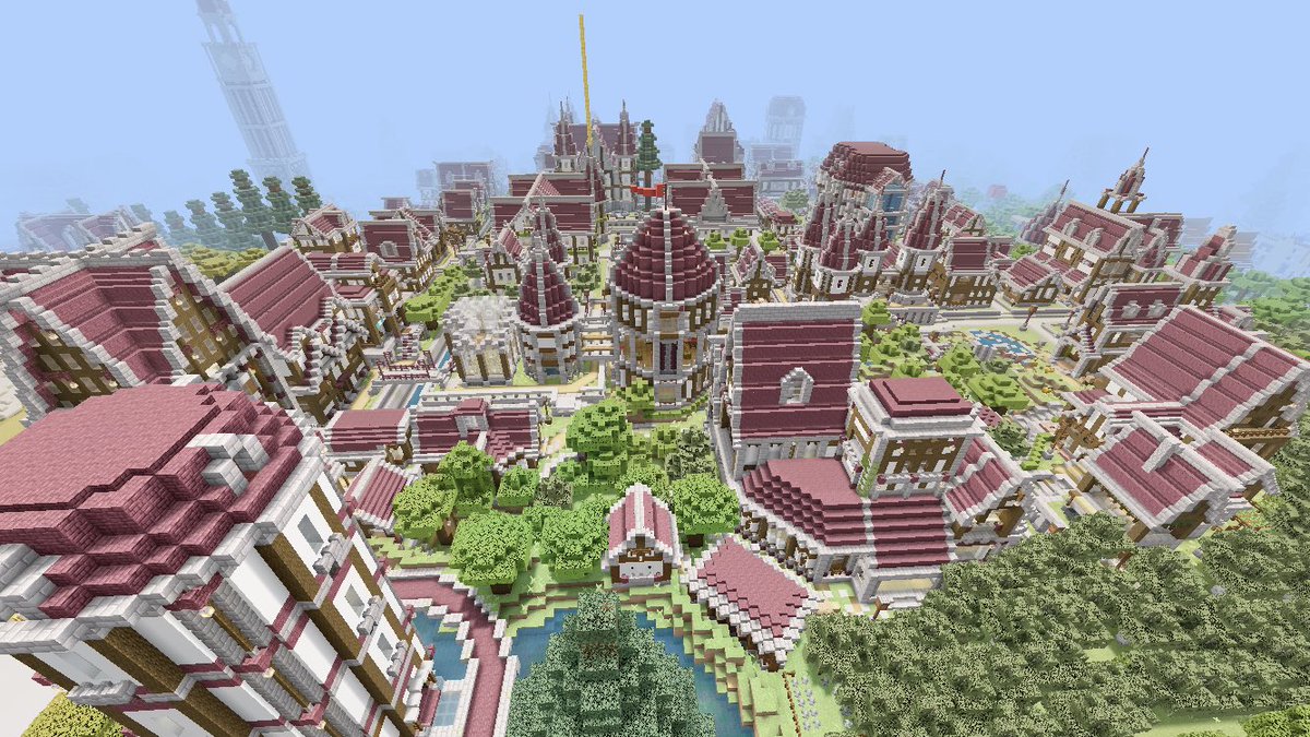 くぽりぽクラフト とうとう洋風エリアが完成 記念にシェーダー有りで 東西南北から街の中心部を撮影しました ブログは後日 Minecraft マイクラ街づくり マイクラ洋風 マインクラフト建築