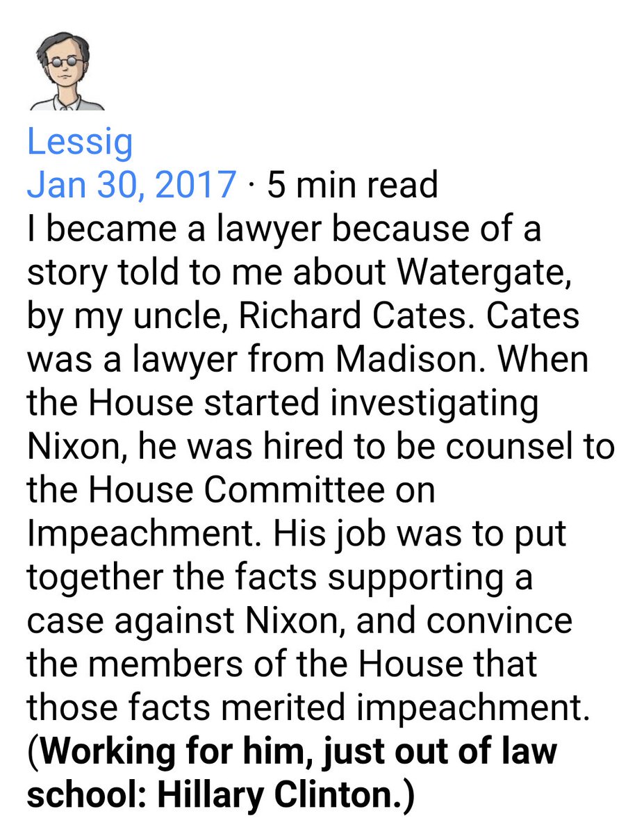 The Pole-Dancer's Pedigree: Lawrence Lessig, Arcuri's cousin, became a lawyer to follow in the footsteps of his uncle, Jennifer's granddad. Richard Cates was heavily involved in the impeachment of Richard Nixon, working together with Hillary Clinton.  https://www.standard.co.uk/news/politics/jennifer-arcuri-grandfather-of-entrepreneur-linked-to-boris-johnson-led-probe-into-watergate-scandal-a4247386.html