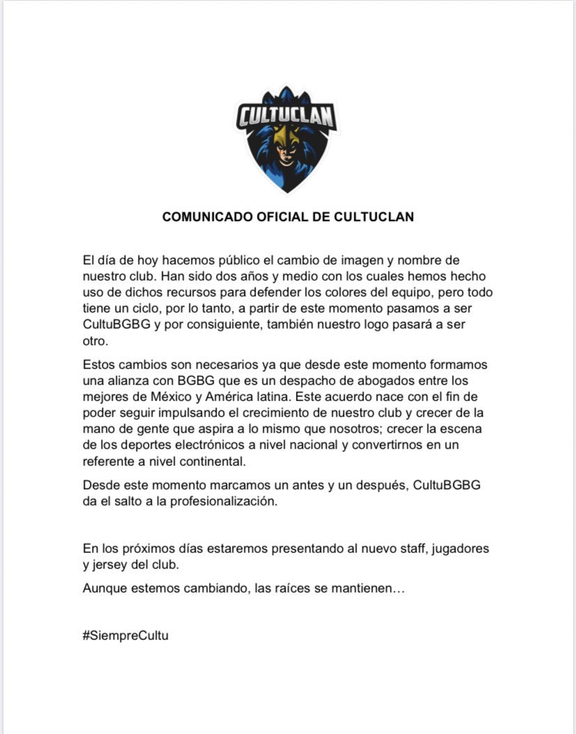 Comunicado oficial sobre los cambios que se presentan en el equipo