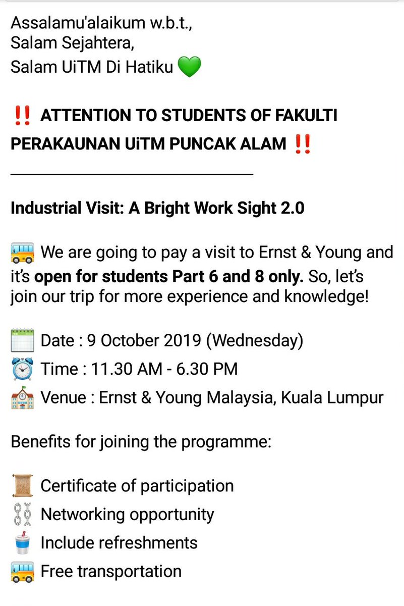 SMFPerakaunan's tweet photo. Assalamualaikum w.b.t 💚

Attention to students of Faculty of Accountancy UiTM Puncak Alam

Industrial Visit: A Bright Work Sight 2.0 

Below are more details and link to register:- 
https://t.co/Usjxcsi9HJ https://t.co/aFsAvF1Diz