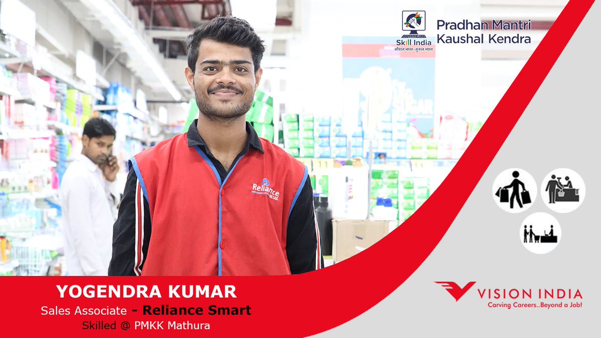 visionindiaspl's tweet photo. Yogendra found a Placement opportunity with Reliance Smart on successful completion of his training in #PMKK Mathura. He thanks to @MSDESkillIndia for providing him a great opportunity. 
@narendramodi
#skillheroes #FarkDikhRahaHai #SkillIndia #skill4life #skill4employment https://t.co/7CP1zVPQI6