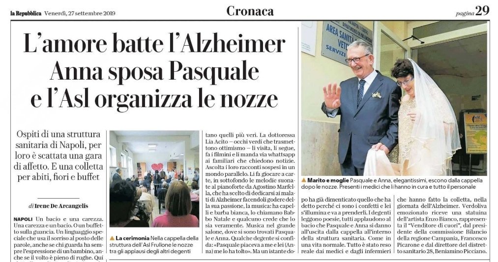 La #bellezza di un linguaggio speciale che usa il sorriso al posto delle parole. A Napoli una coppia con #Alzheimer si sposa nella residenza protetta con l'affetto di tutti gli ospiti via <a href="/repubblica/">Repubblica</a>
