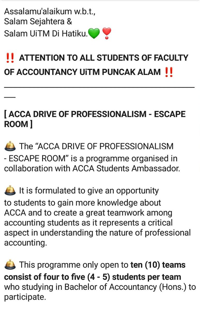 SMFPerakaunan's tweet photo. Assalamualaikum w.b.t 💚 

Attention to all students of Faculty of Accountancy UiTM Puncak Alam 

ACCA DRIVE OF PROFESSIONALISM - ESCAPE ROOM 

below are more details:
Link to register 
https://t.co/g3YEwPZmJc
Any inquiries: 
https://t.co/7GQJuigaDk - SMF AFIFAH https://t.co/afRPFWbjRo