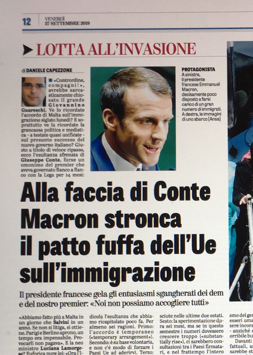 Capezzone's tweet photo. +++Oggi su @laveritaweb+++
Se #Macron smonta il cosiddetto accordo di Malta sull’#immigrazione: “La Francia non può accogliere tutti”. Tutte le fregature. https://t.co/LHHW772W8J