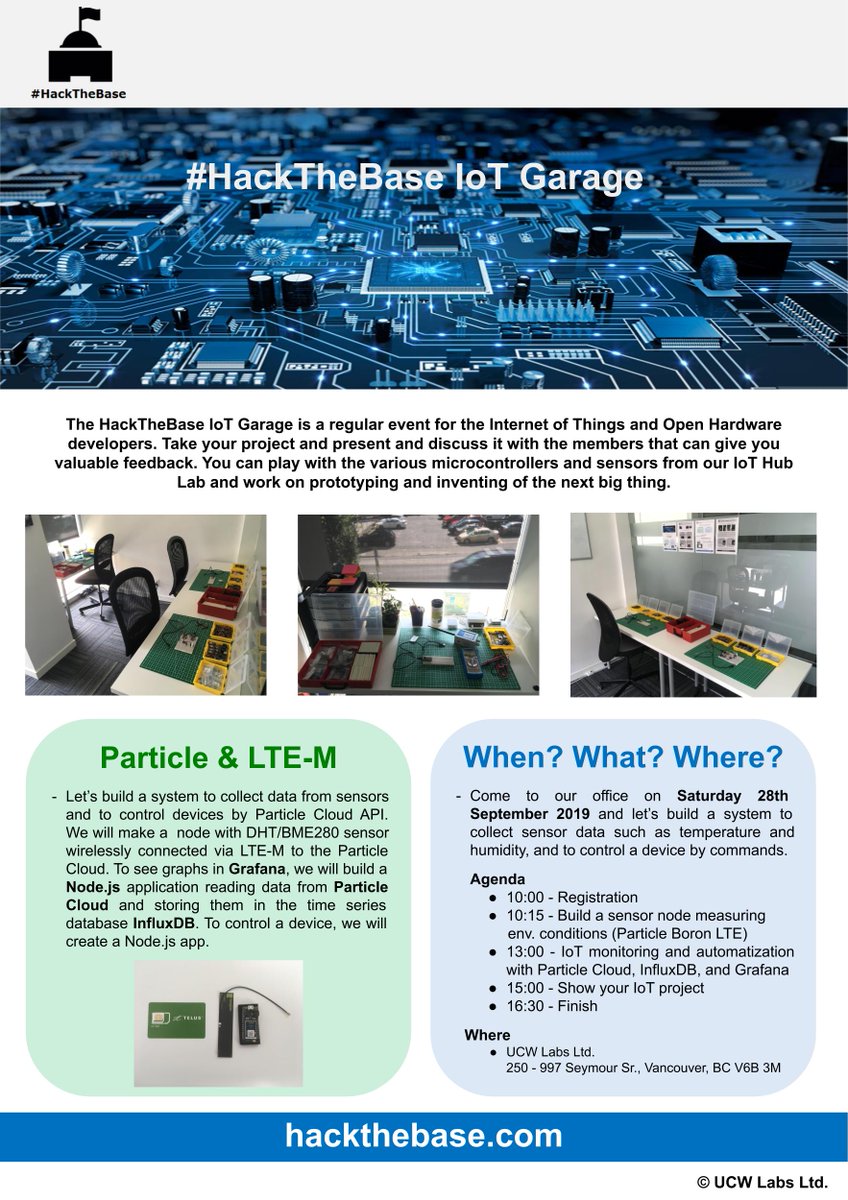 ucwlabs's tweet photo. Come to our office on Saturday 28th September 2019 and letโs build a system to collect data from sensors and to control devices by #Particle #Cloud https://t.co/PWbiDeARs0 Ticket https://t.co/wJFd1we4a4 #HackTheBase #IoT #Garage #Arduino #InfluxDB #Grafana #NodeJS #LTEM #LPWAN https://t.co/9kskaNUmQv