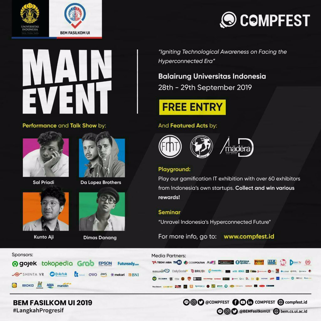 #InfoEvent

[MAIN EVENT COMPFEST]

Halo, Igniters!

Pastikan kamu hadir di Main Event COMPFEST pada 28-29 September 2019 di Balairung UI, Depok. Acara ini GRATIS.

Ada Talk Show, Seminar, Playground dan masih banyak lagi!

More info: <a href="/COMPFEST/">COMPFEST</a>

#MainEventCF11
#IgniteTheEra 
#CF11
