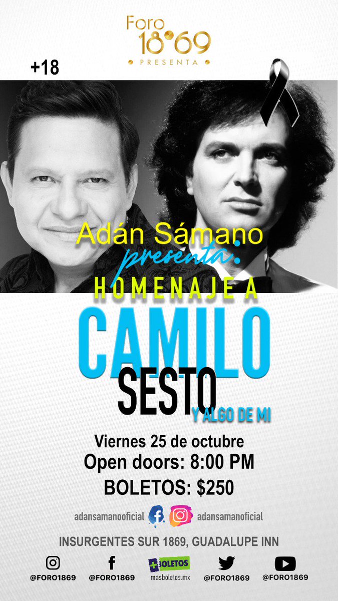 Adán Sámano presenta: Homenaje a Camilo Sesto... Y algo de mi
25 de octubre, <a href="/Foro1869/">Foro 1869</a>
No te lo puedes perder!
#music #singer #cantante #musica #bass #guitar #guitarras #battery #drums #percussion #acustico #piano <a href="/CamiloSesto/">Camilo Sesto</a> <a href="/camilosesto5/">camilo sesto </a>