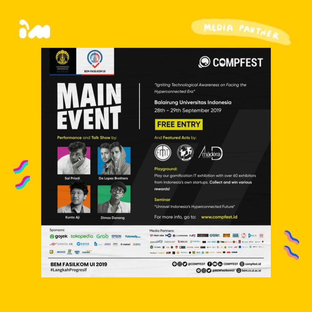 [MAIN EVENT COMPFEST]

Halo, Igniters!

Pastikan kamu hadir di Main Event COMPFEST pada 28-29 September 2019 di Balairung UI, Depok. Acara ini GRATIS.

Ada Talk Show, Seminar, Playground dan masih banyak lagi!

More info: <a href="/COMPFEST/">COMPFEST</a>

#MainEventCF11
#IgniteTheEra 
#CF11
