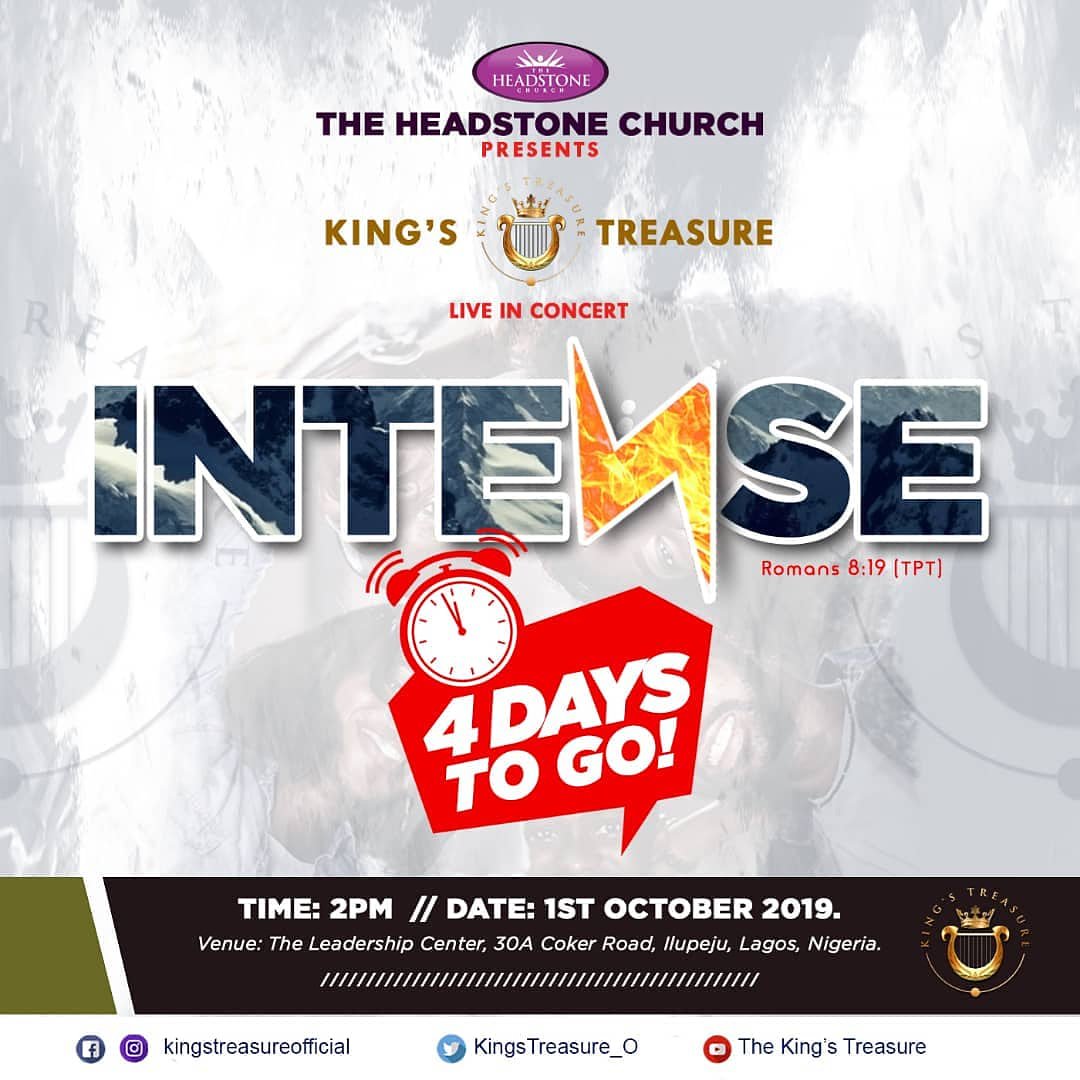 KingsTreasure_O's tweet photo. It's 4 days to go💃🏾💃🏾💃🏾 Have you registered yet for the @KingsTreasure_O Live In Concert?

This concert is FREE but you need to save a seat now at https://t.co/qtVzhC3NYI.

#Intense #encounter #KTLIC #KingsTreasureLiveInConcert  #oct1 #INTE⚡SE #countdown #4daystogo https://t.co/YbyFkWaRPs