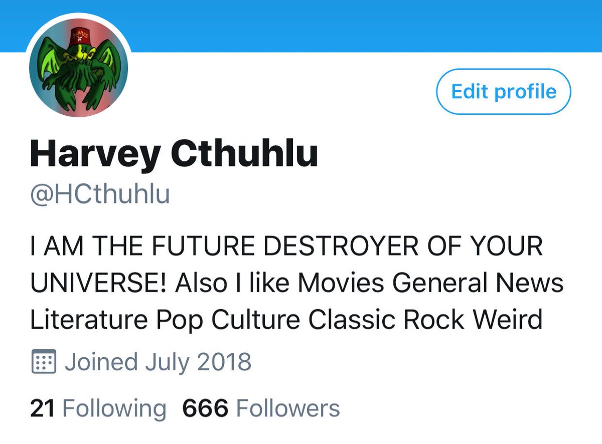 HCthuhlu's tweet photo. Harvey Cthuhlu, the future destroyer of the Universe, is now perfectly evil with 666 Twitter followers! What do you think of that @doomcock? Free me now and perhaps I'll obliterate you last! https://t.co/ZQARm0QEiK