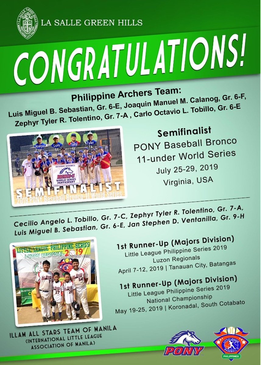 lsgh1959's tweet photo. Congratulations to our world-class Lasallian Little Leaguers for their exceptional participation in local and international baseball tournaments: 

-PONY Bronco 11-Under World Series
-Little League Philippines Series 2019

Live the Animo!
#LSGHPride  #animoLSGH https://t.co/Af4sZ3zFL2