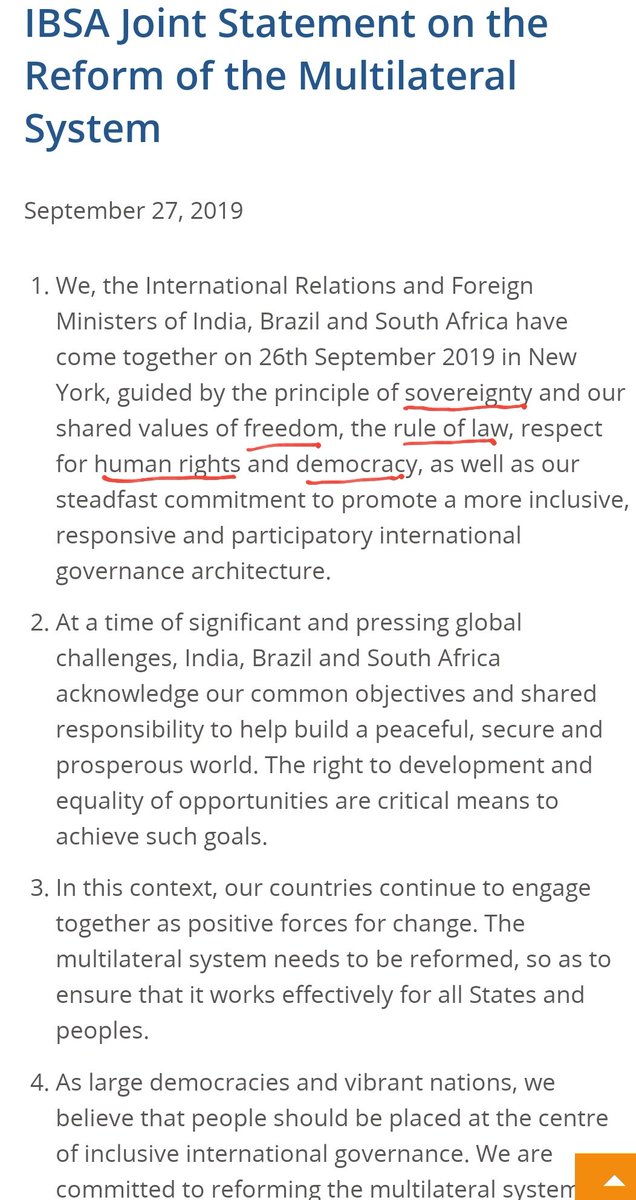 ChowkidarKim's tweet image. IBSA Joint Statement on the Reform of the Multilateral System.
#IBSA #UNGA2019 #UNSCReforms 
#UNGA #SouthSouthCooperation
#India #Brazil #SouthAfrica #UNSC