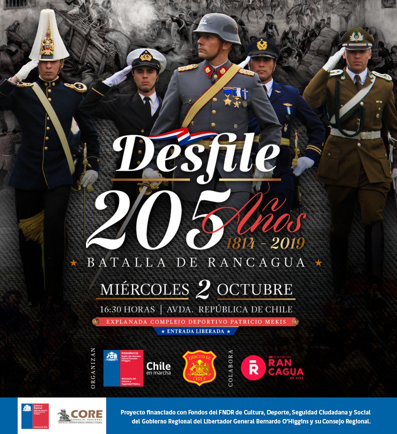 munirancagua's tweet image. Conmemoremos a los héroes de la #BatallaDeRancagua. Este miércoles 2 de octubre, a las 16:30 horas en avenida República de Chile con España, se realizará el tradicional Desfile de la Batalla de #Rancagua.
