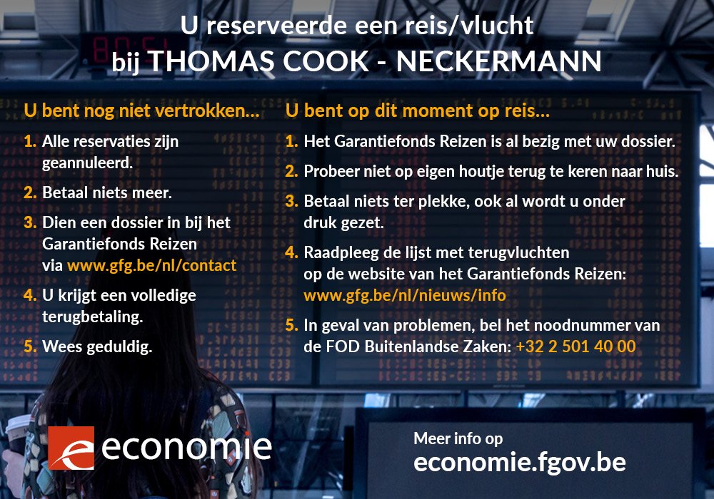 FODEconomie's tweet photo. Getroffen door het faillissement van #ThomasCook? Wat nu? https://t.co/BdM0ycHIMr