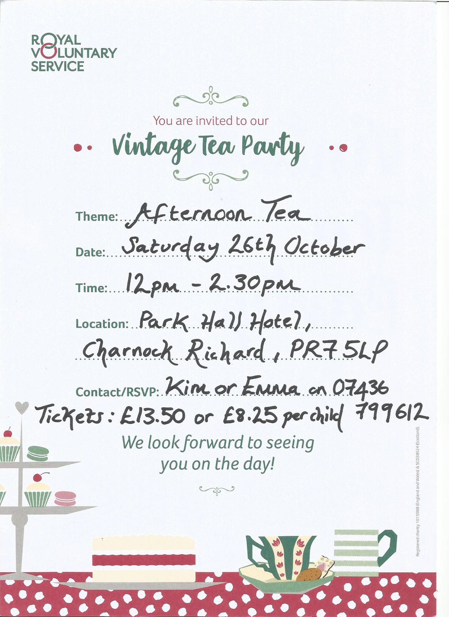 LancsRVS's tweet photo. We are holding a Vintage Afternoon Tea Fundraiser at Park Hall Hotel, Charnock Richard on the 26th October 12pm - 2:30pm to raise funds locally for Royal Voluntary Service.
Tickets are £13.50 &amp; £8.25 per child
Contact Kim/Emma on 07436 799612
Thank you for your continued support! https://t.co/DU7xwVa4lB