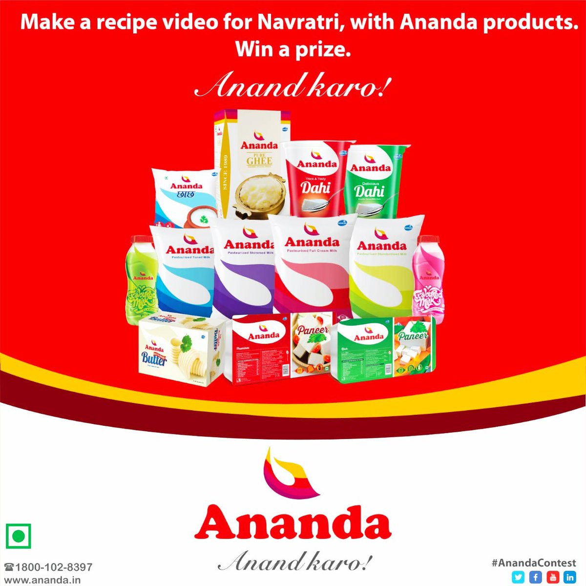 AnandaDairy's tweet photo. Be part of this Navratri special #AnandaContest and you can win exciting goodies! Make a dish using #Ananda products, send us the video in comments below and you can be a winner! #Ananda Anand Karo!
#Ananda products are available in stores near you. https://t.co/M25kkfGHiC