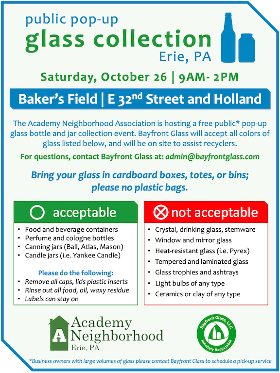 AcademyNeighbor's tweet photo. We're working with Bayfront Glass to bring glass recycling back to our neighborhood - October 26th. #vibranterie #ourerie #bayfrontglass #recycleplease https://t.co/61WWZQvKAO