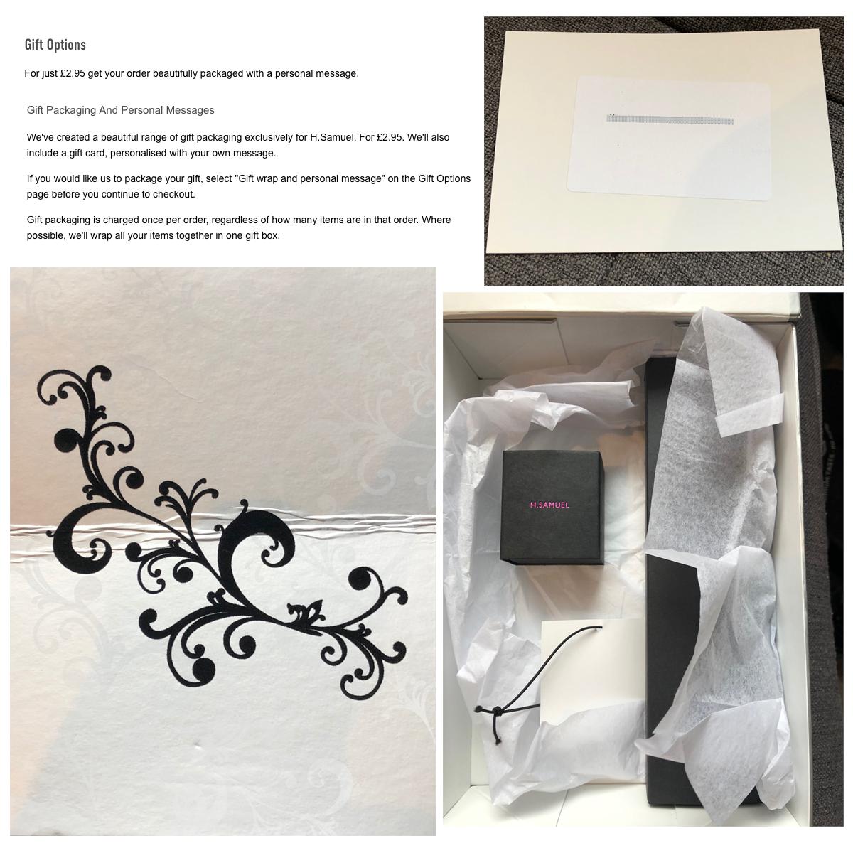 reececouchman's tweet photo. @hsamueljeweller @hsamuelhelp I wouldn't call a dented box, a gift card with a stuck on single line message and ONE piece of tissue paper "beautiful". So disappointed in your "gift wrap" option, I now need to repackage it myself.  Please let me know how you will make it right ... https://t.co/50zS0ys0A7