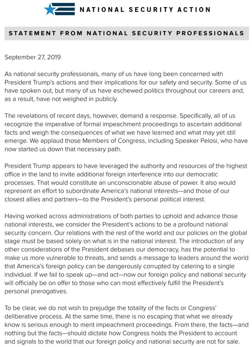 BREAKING: More than 300 former national security professionals, many of whom served presidents of both parties, express alarm at President Trump's actions and endorse the impeachment inquiry in a statement relesed today. drive.google.com/file/d/1J7LiS4…