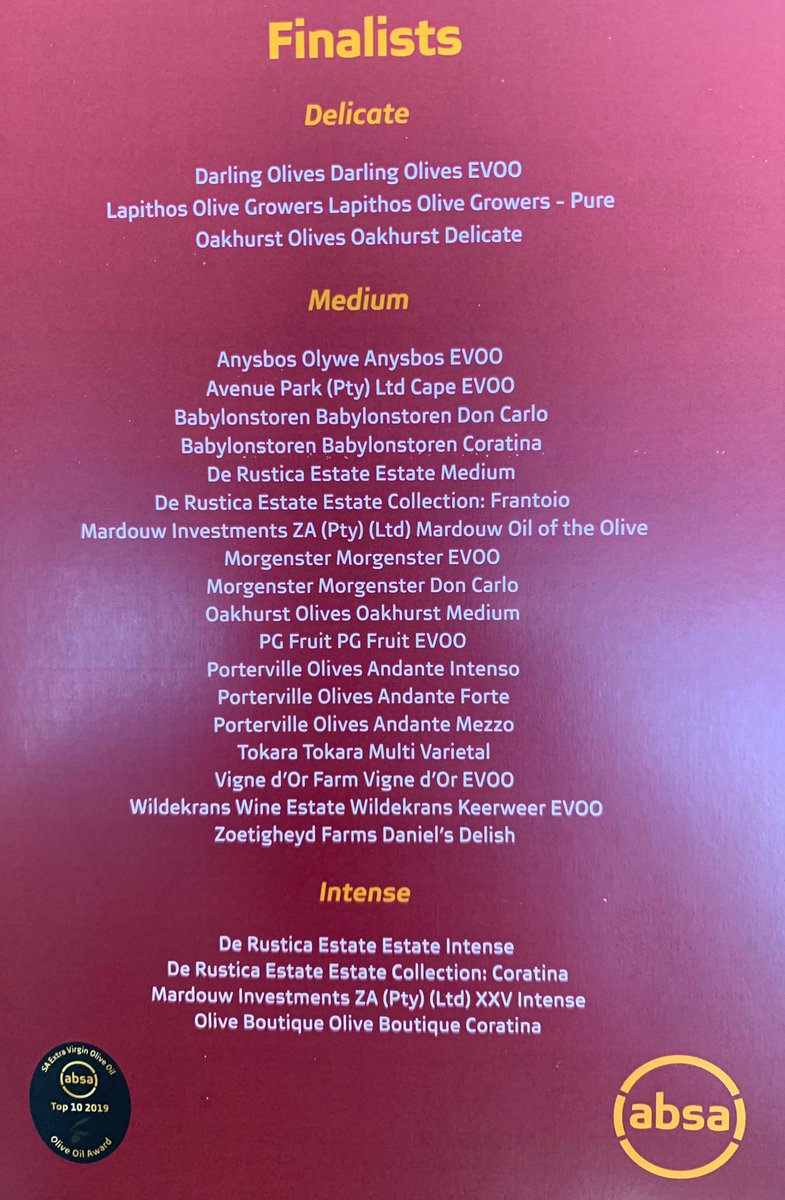 RicoBasson's tweet photo. Thanks ⁦@AbsaSouthAfrica⁩ for your continued involvement in the agricultural sector, specifically wine #pinotage #capeblend and olive oil sectors! 🍇🍷.  A number of SA wine producers also producing worldclass olive oil #absatop10 ⁦@PinotageSA⁩ ⁦@BeyersTruter⁩ https://t.co/ZjRUuUsZB3