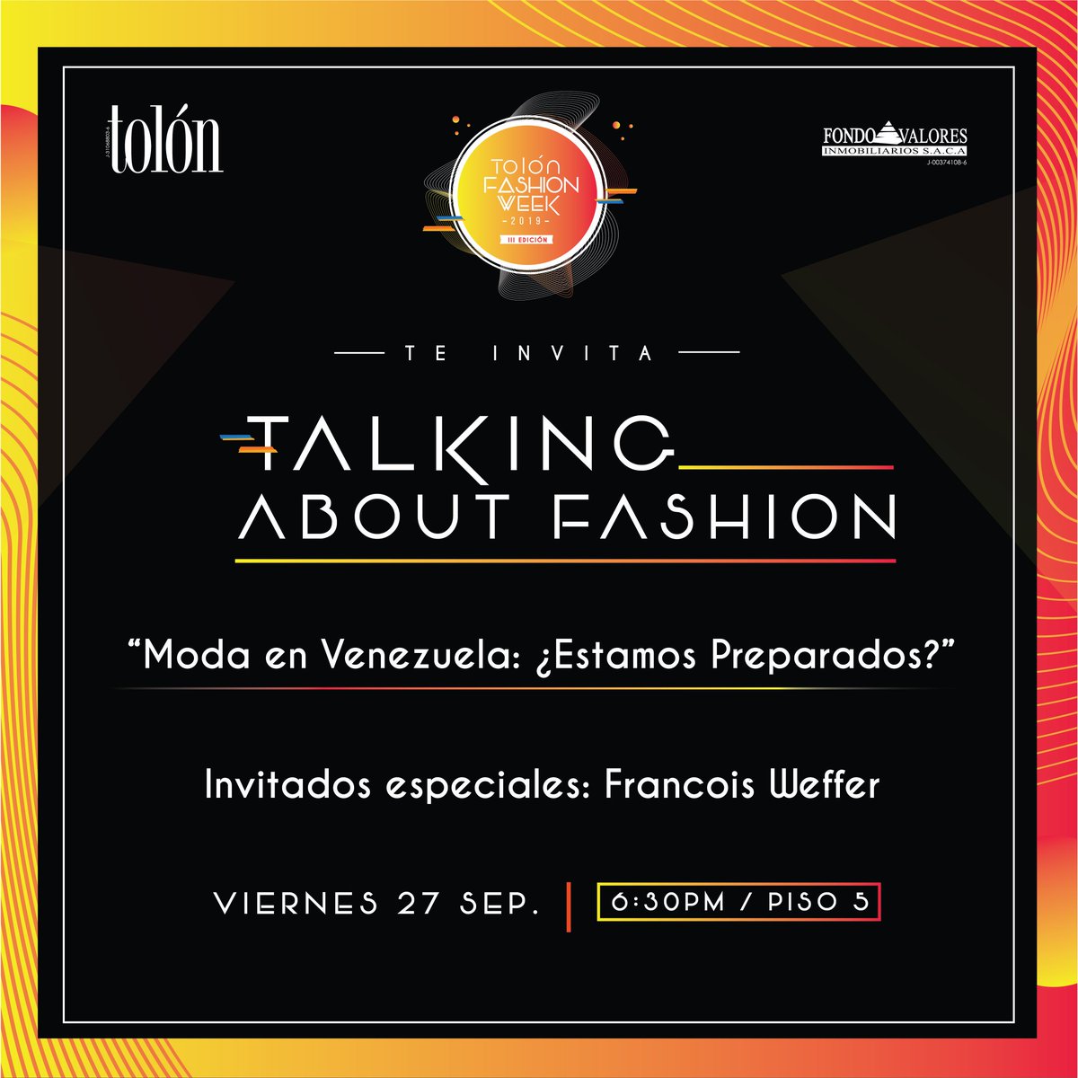 tolon_FM's tweet photo. • Día 5: Tolón FASHION WEEK •

TALKING ABOUT FASHION 
"Moda en Venezuela: ¿Estamos preparados?
Invitado Especial: @FrancoisWeffer
Piso 5
6:30pm 

#TolonFashionWeek #modavzla #semanadelamoda #caracas #venezuela #desfile #showroom #pasarela #model #fashionshow #fashionweek https://t.co/jXGvJFjVLt