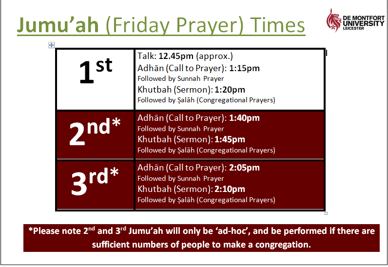 DMU_Imam's tweet photo. Schedule for Friday (Jumu'ah) Prayer @dmuleicester

Portland Building Basement, entrance from Newarke Close via car park. 

Additional sessions available to accommodate users. https://t.co/9R5MR0HERZ 

#StudentExperience #FreedomToAchieve #HealthyDMU #FridayFeeling https://t.co/iPUL4bZ3dE
