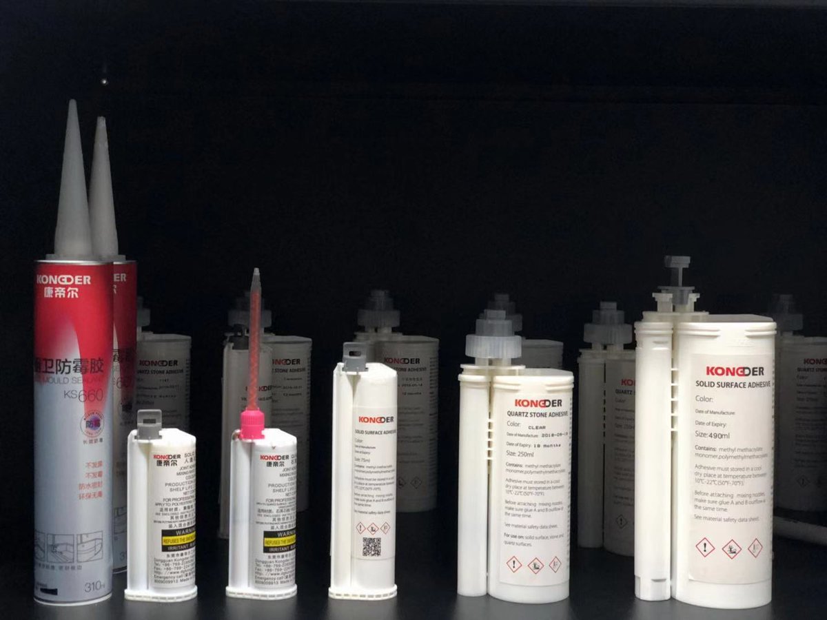 Kongder 50ml, 75ml, 250ml, 490ml cartridge adhesive and Mold Proofing Sealant.
Quartz surface adhesive 
solid surface adhesive
acrylic seamless adhesive
Porcelain slab adhesive
#quartz  #solidsurface #durasein #hanex #belenco #avonite #porcelian #kongder  #himacs  #neolith