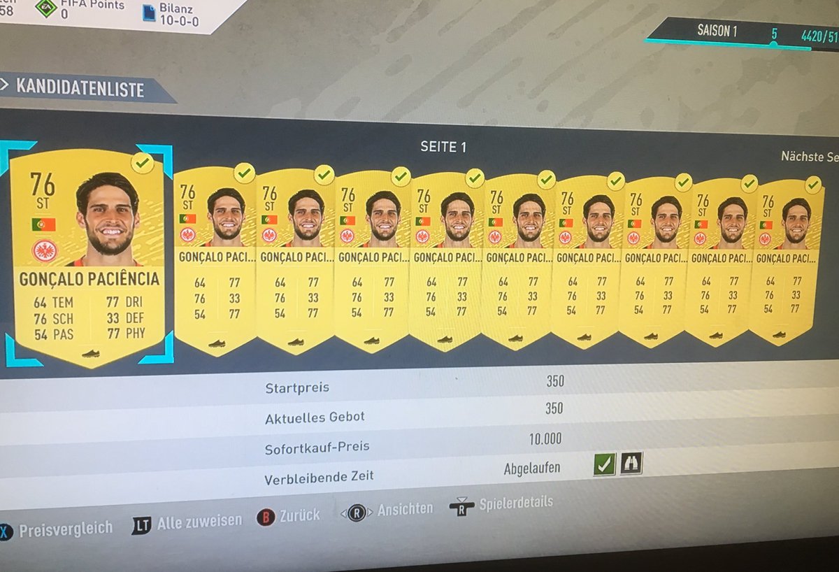 TheGreatFutsby's tweet photo. Example for the futbin trading method:
Yesterday Paciencia was nearly in every futbin ‚First XI’ solution. His buy now price increased to 1,8/2,1k. But you could bid him a lot cheaper (<500 coins). 
>More than 1k profit per card. Not bad if you haven’t much coins atm. https://t.co/UgOSEHfcBQ
