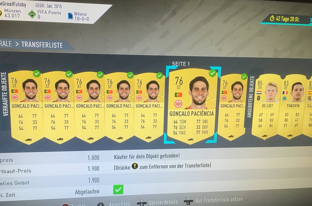 TheGreatFutsby's tweet photo. Example for the futbin trading method:
Yesterday Paciencia was nearly in every futbin ‚First XI’ solution. His buy now price increased to 1,8/2,1k. But you could bid him a lot cheaper (<500 coins). 
>More than 1k profit per card. Not bad if you haven’t much coins atm. https://t.co/UgOSEHfcBQ