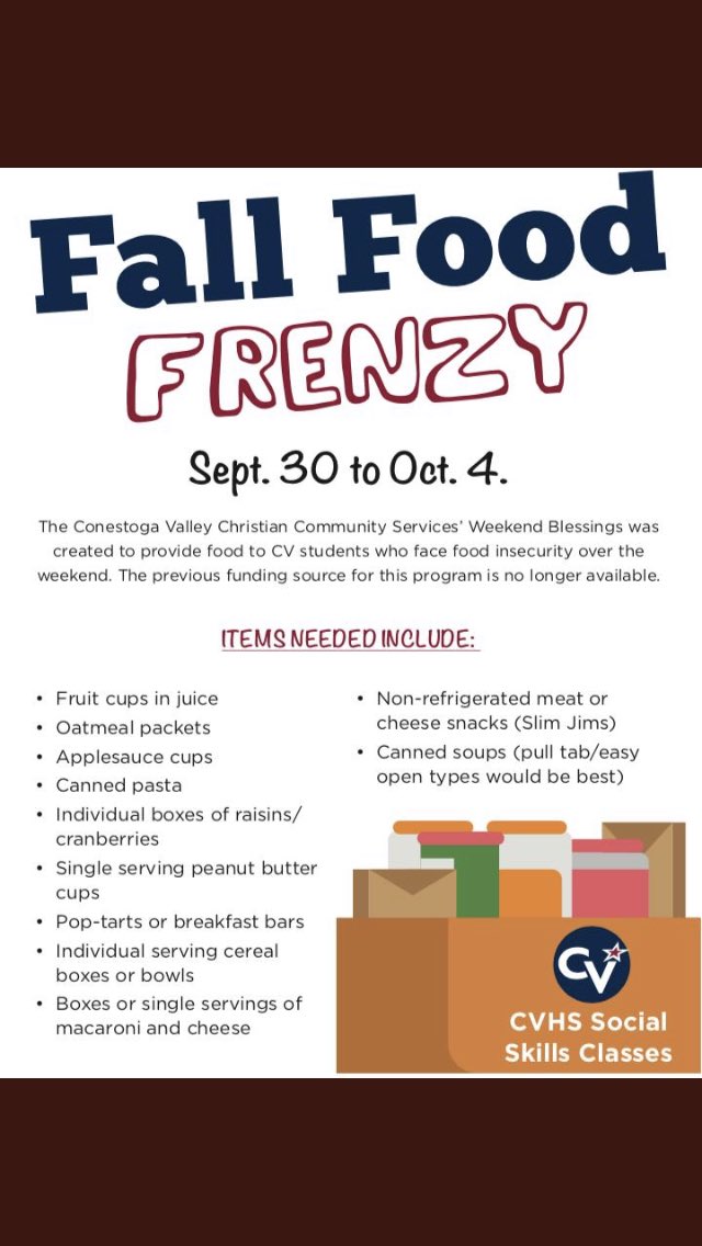 CVHS: Fall Food Frenzy to Benefit CVCCS Weekend Blessings. Bring non-perishables in all next week to the main entrance. ⁦<a href="/rocktherill/">The Rill Rowdies</a>⁩ ⁦<a href="/cvhsStudCouncil/">CV Student Council</a>⁩
