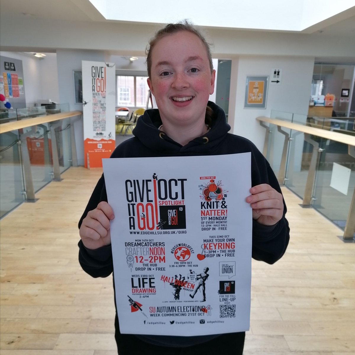 What's that your <a href="/EHSUvpact/">Bea 🐝</a> is holding? 👀👀

Keep an eye out in your halls rooms for our new Give It A Go! spotlight posters, showcasing some of the amazing events and activities we're running during October! 🙌 ⭐️ 💜 💚

All our events here! 👉 buff.ly/2FAFtjh