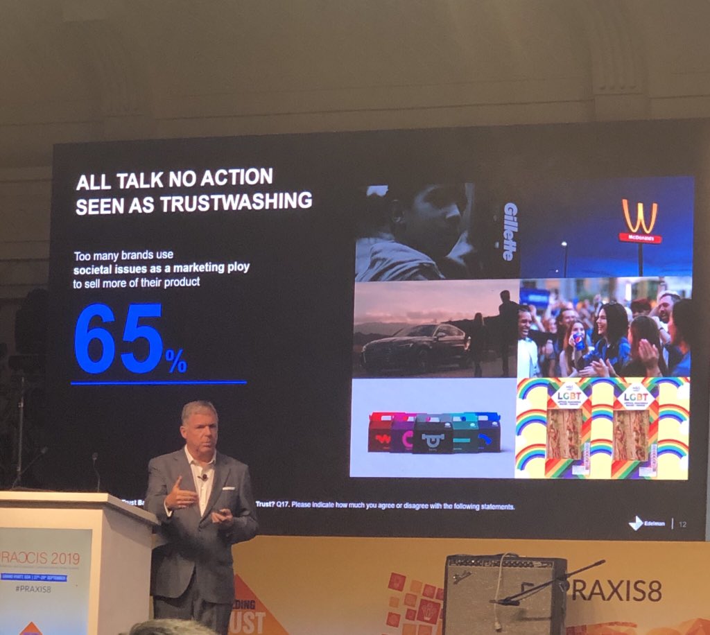 Edelman_India's tweet photo. 65% of those surveyed say too many brands use societal issues as a marketing ploy to sell more of their product. All talk, no action seen as trustwashing #edeltrust #PRAXIS8 @mj_harrington https://t.co/hQ8A4Wx1gf